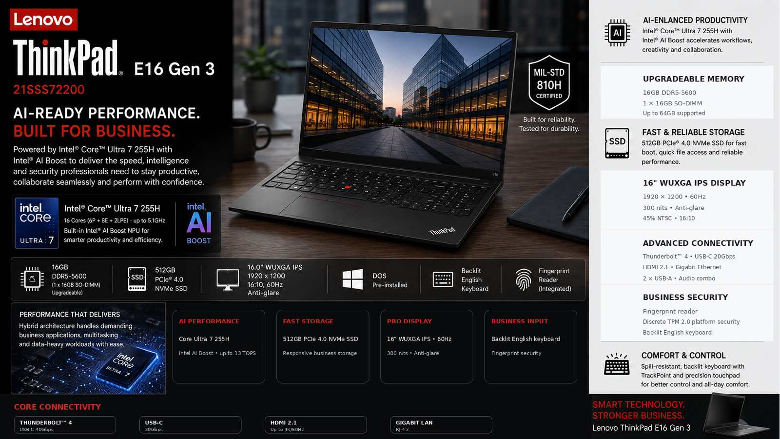 Lenovo ThinkPad E16 Gen 3 21SSS72200 AI Business Laptop, Intel Core Ultra 7 255H, 16GB DDR5-5600, 512GB PCIe 4.0 SSD, 16-inch WUXGA IPS 60Hz, Thunderbolt 4, DOS, Backlit English Keyboard, Black | 21SSS72200